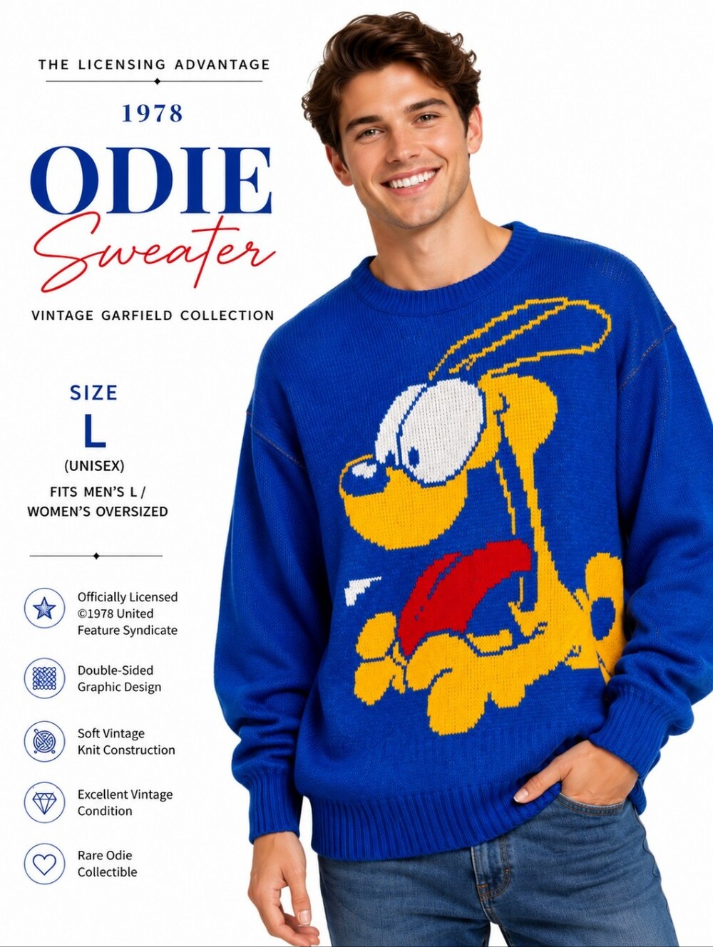 Vintage 1978 RARE Odie Garfield Sweater LG Blue Graphic Knit Double-Sided Unisex
